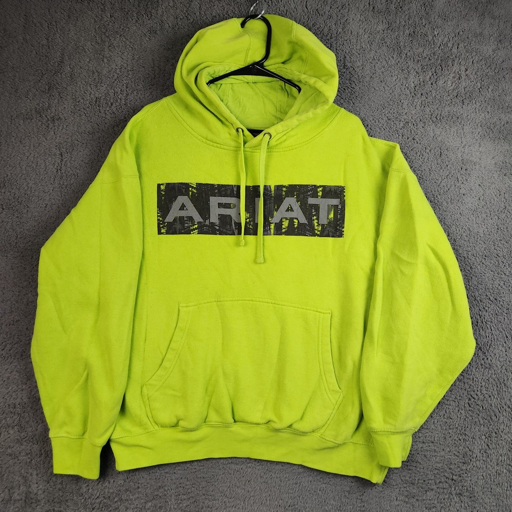 Ariat Men's Hoodie Size Large Neon Green Logo Pullover Sweatshirt Activewear